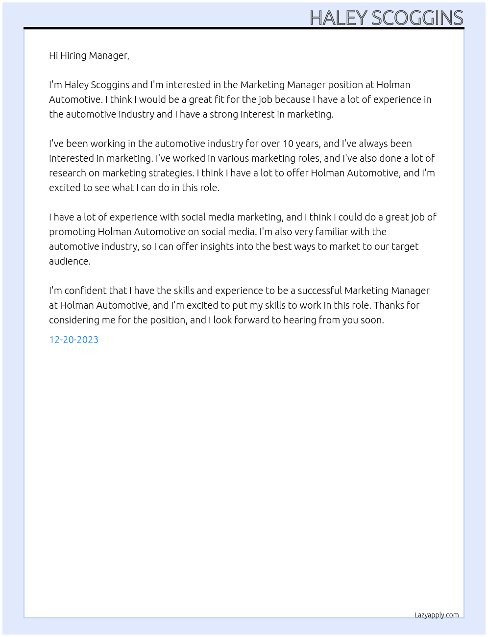 Marketing Manager At Holman Automotive Cover Letter