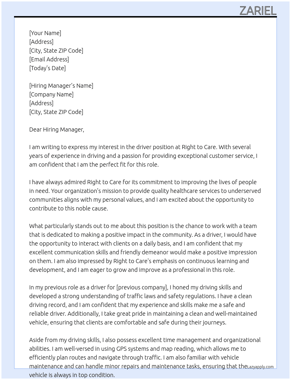 driver At right to care Cover Letter