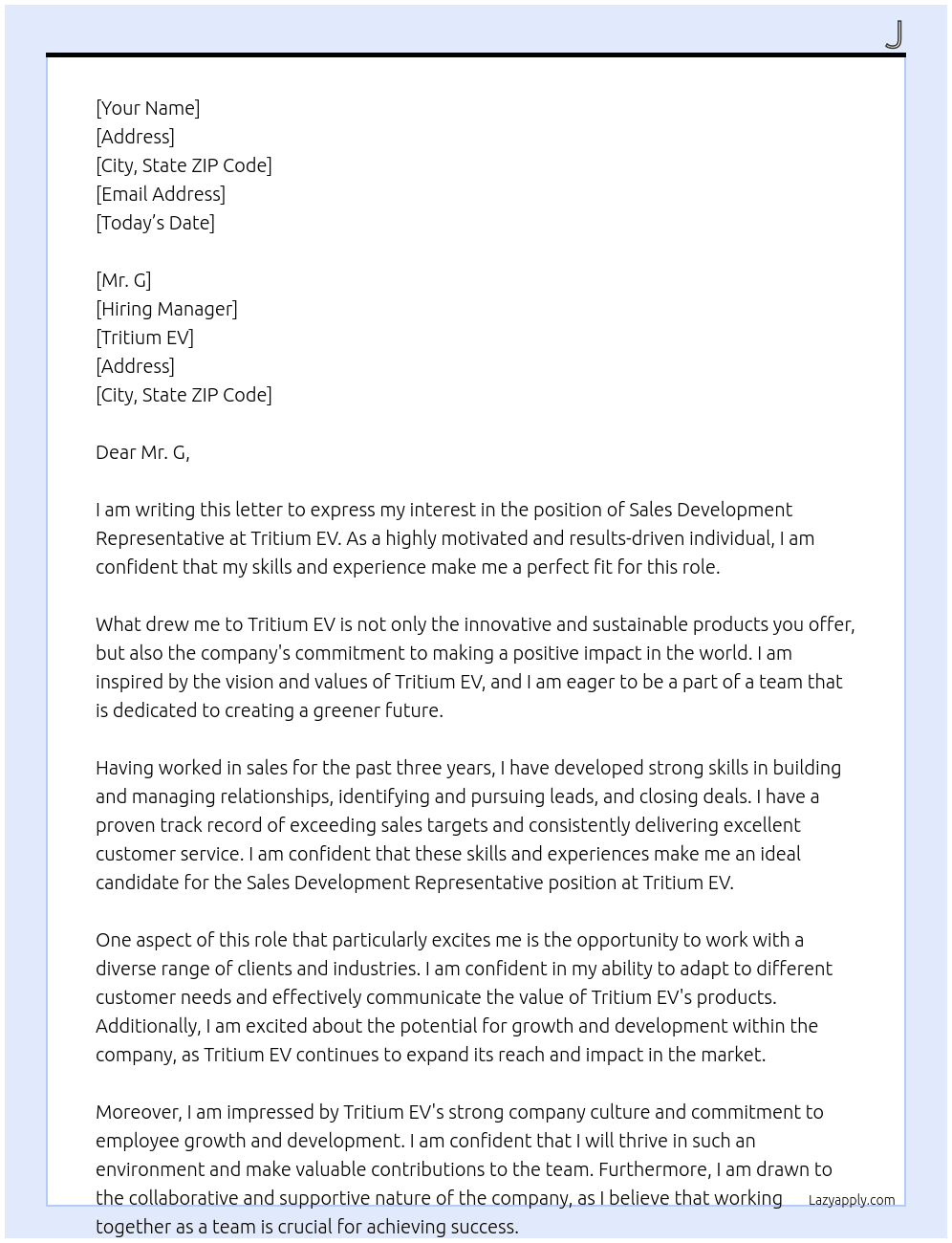 Sales Development Representative At Tritium EV Cover Letter