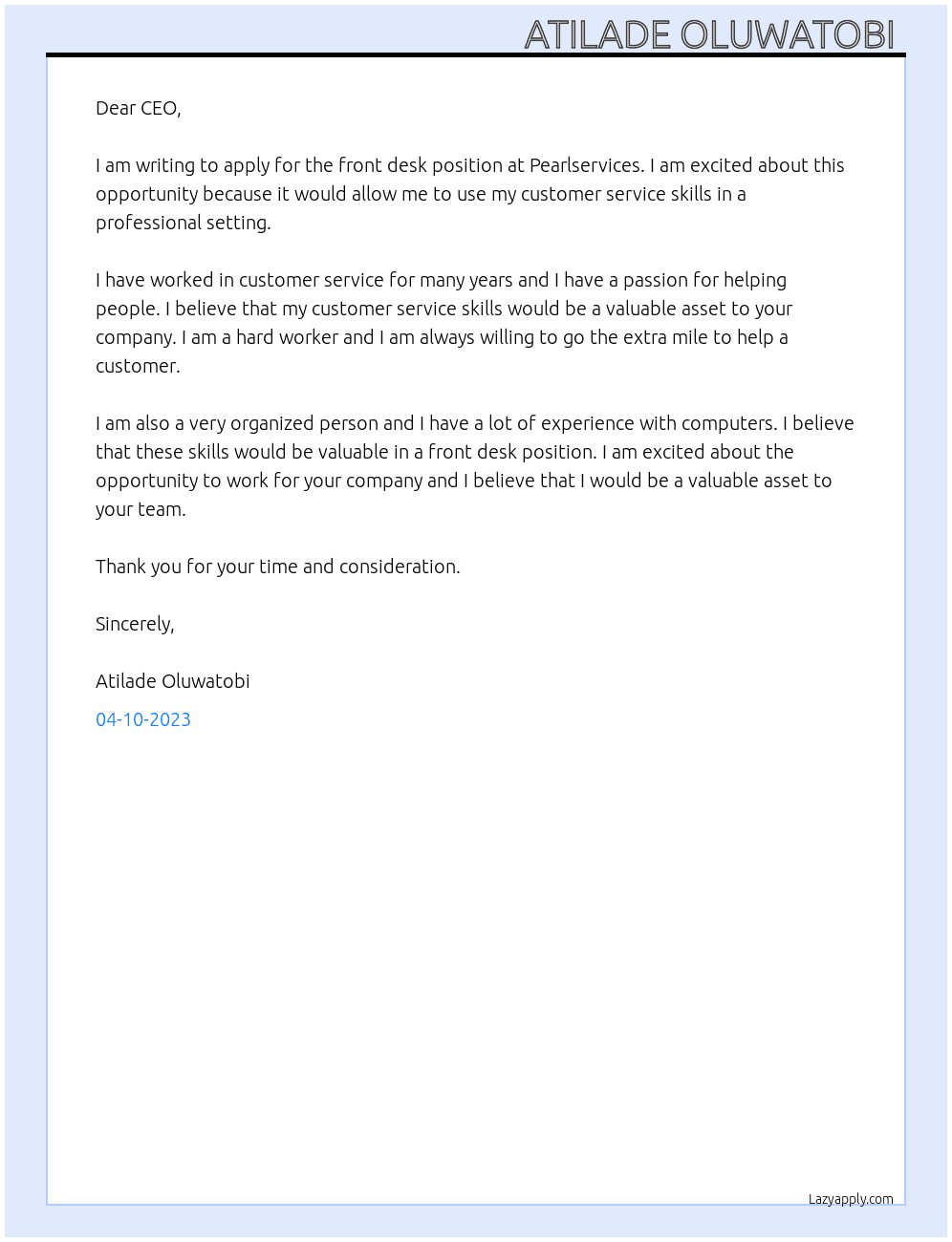 Front desk  At Pearlservices Cover Letter