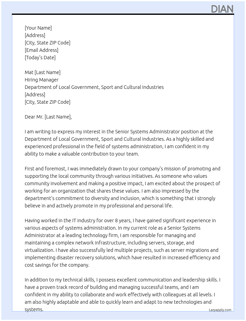 Senior Systems Administrator At Department of Local Government, Sport and Cultural Industries Cover Letter