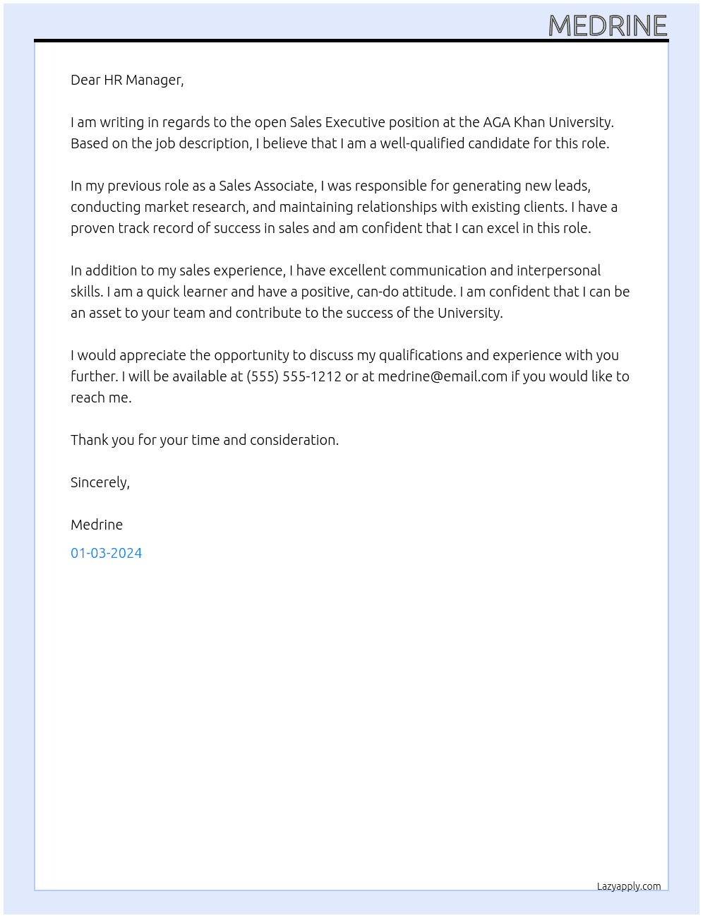 SALES EXECUTIVE At AGA KHAN UNIVERSITY Cover Letter