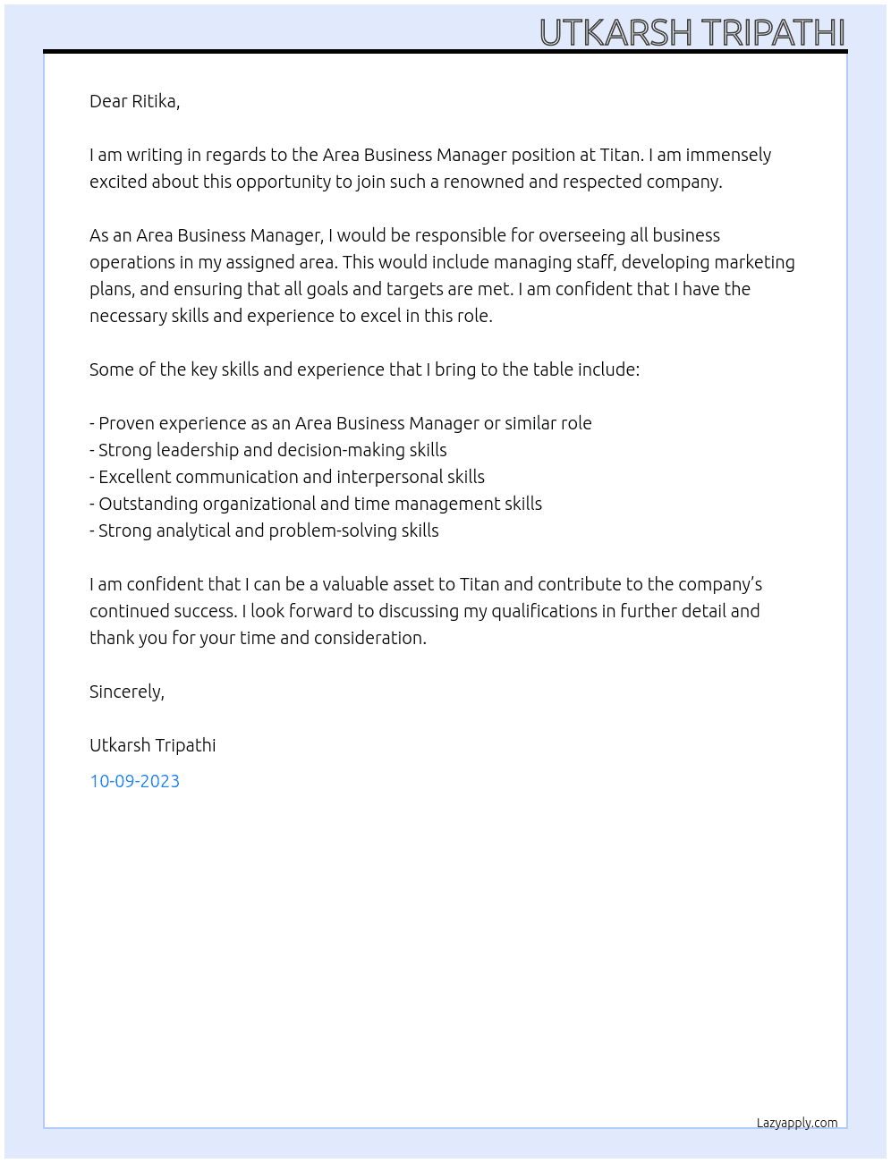 Area Business Manager At Titan Cover Letter