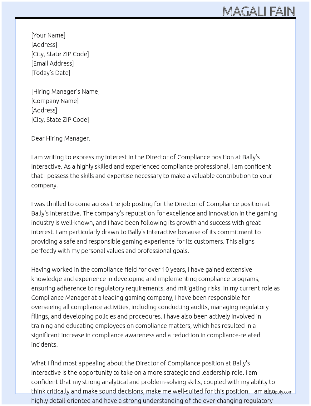 Director of Compliance At Bally's Interactive Cover Letter