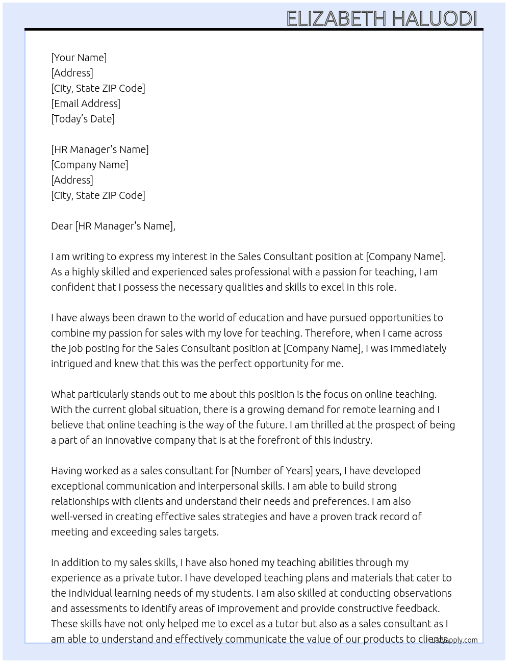 Sales Consultant  At Online teaching  Cover Letter