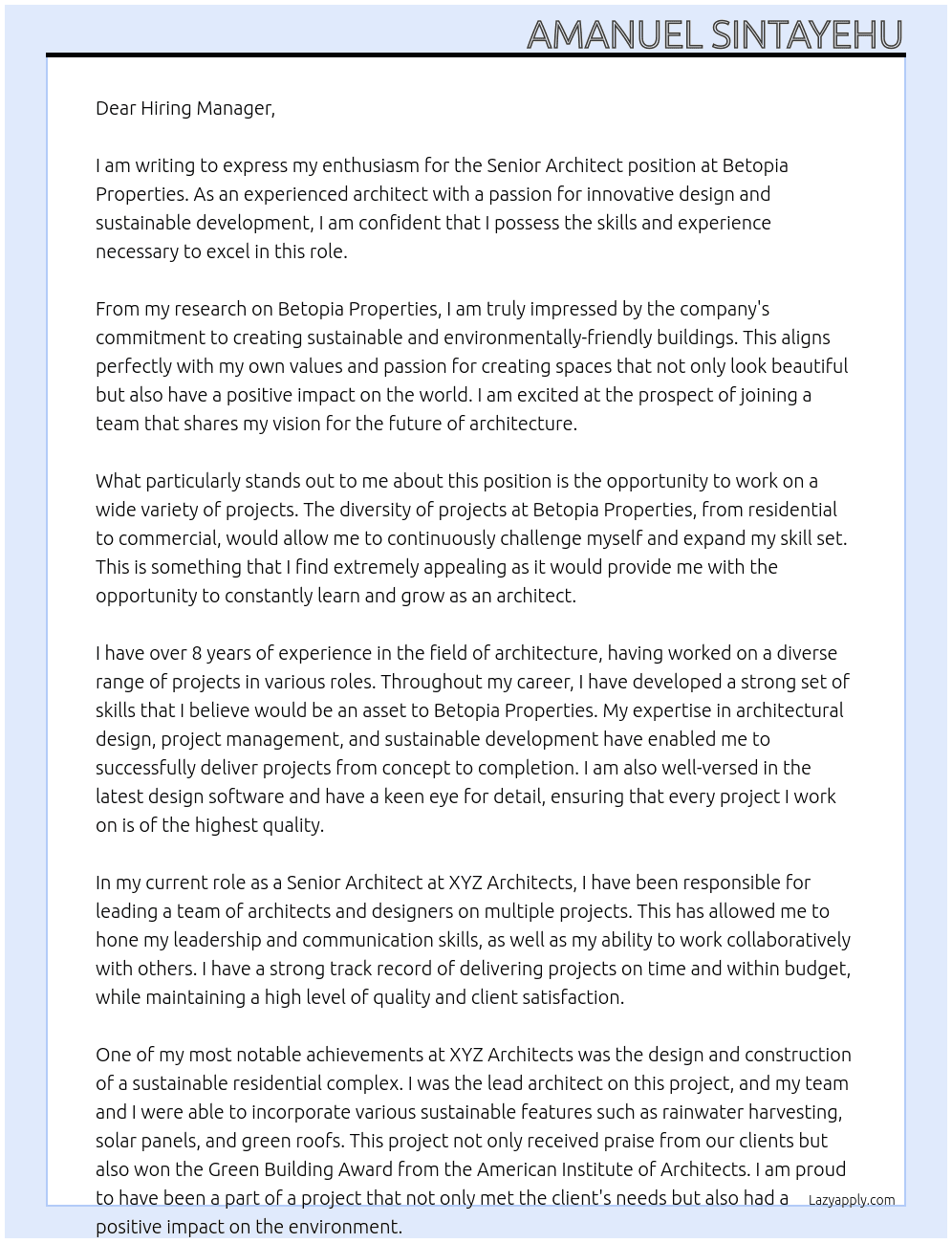 senior architect At betopia properties  Cover Letter