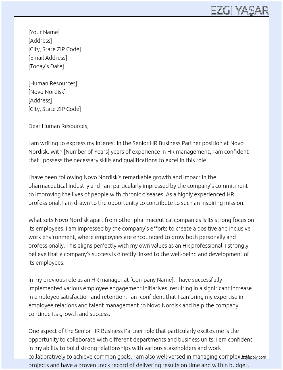 Senior HR Business Partner At Novo Nordisk Cover Letter