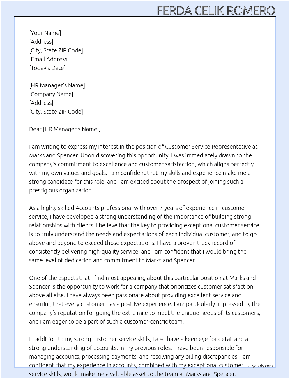 Customer services At Marks and Spencer Cover Letter