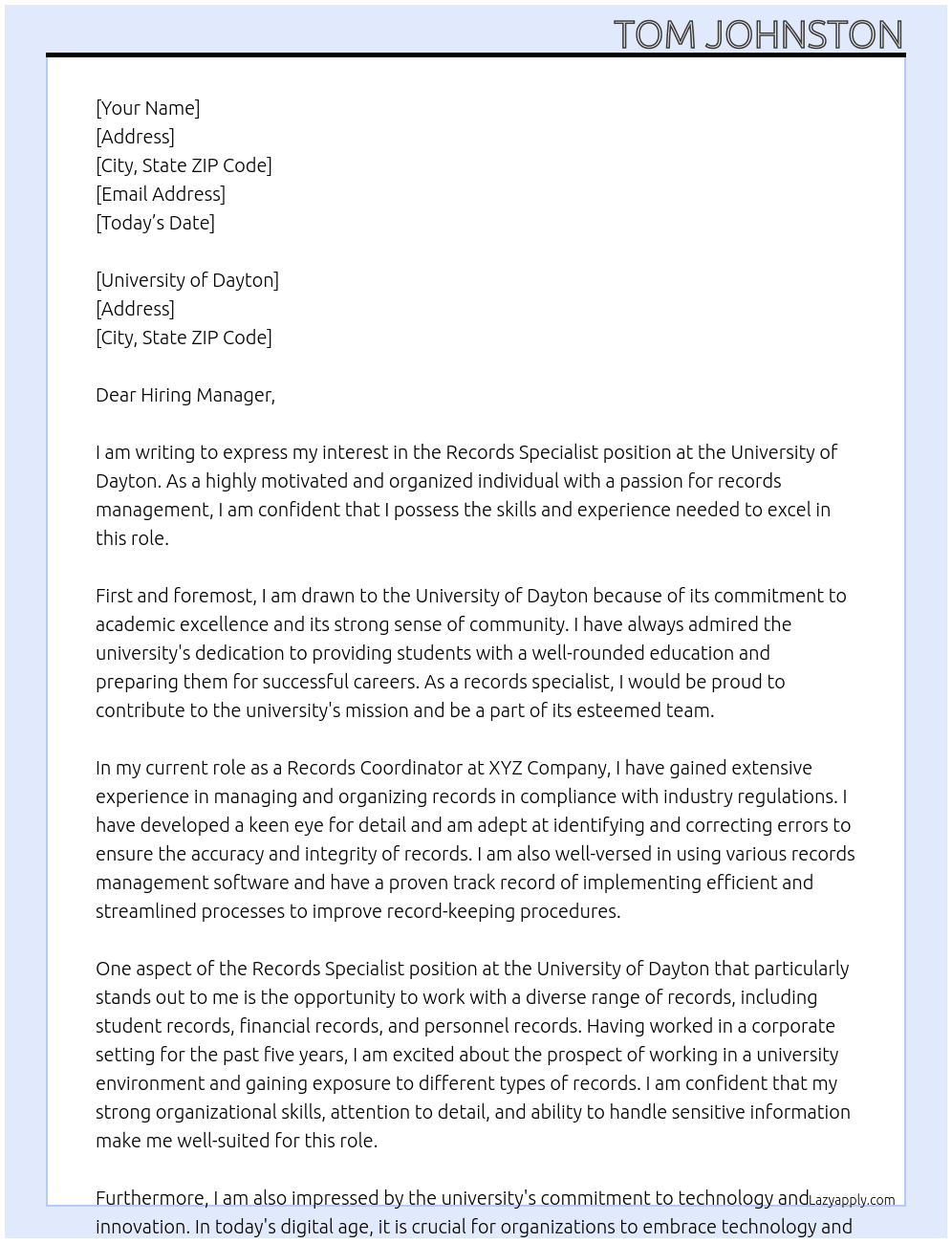 Records Specialist  At University of Dayton  Cover Letter