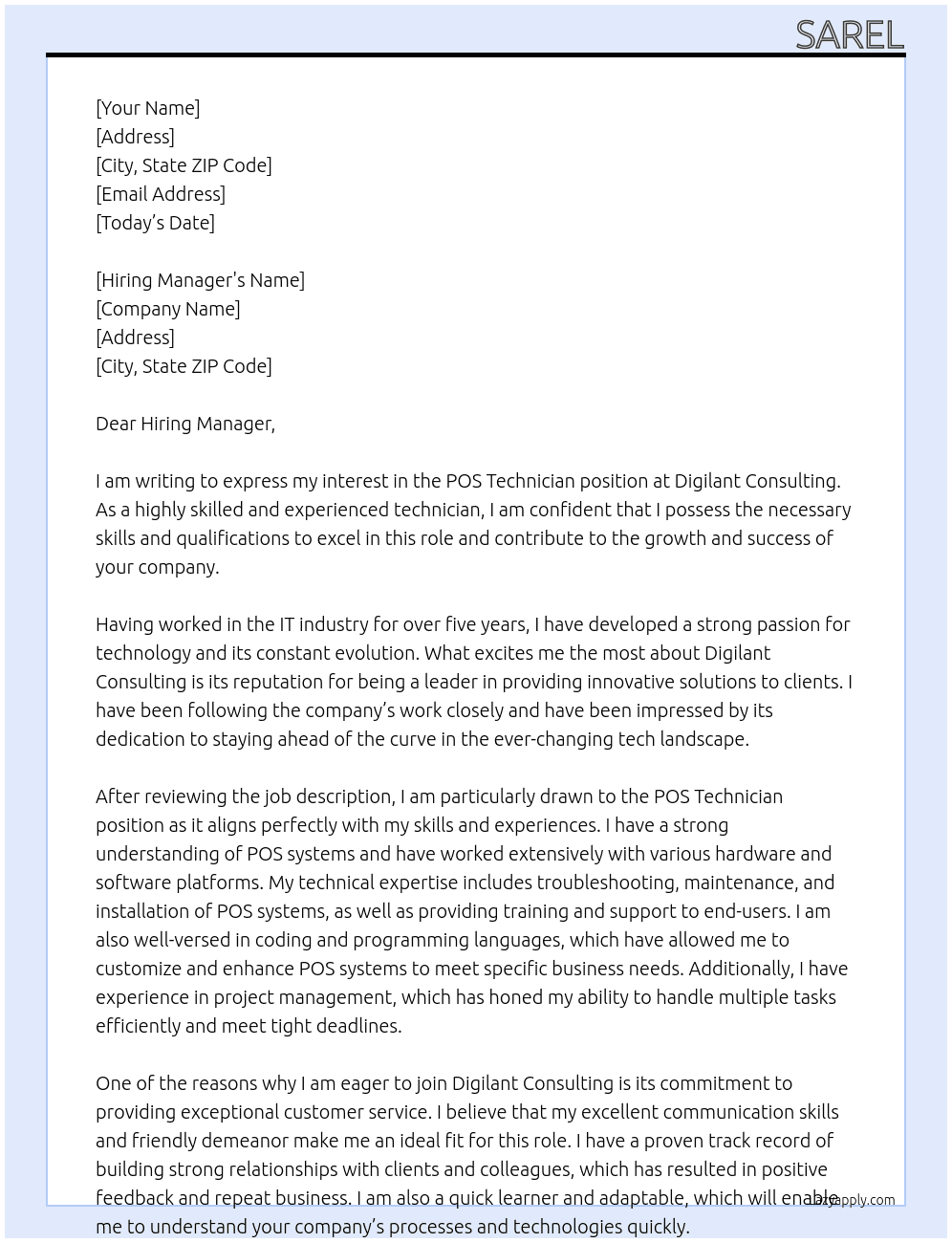 POS Technician  At digilant Consulting  Cover Letter