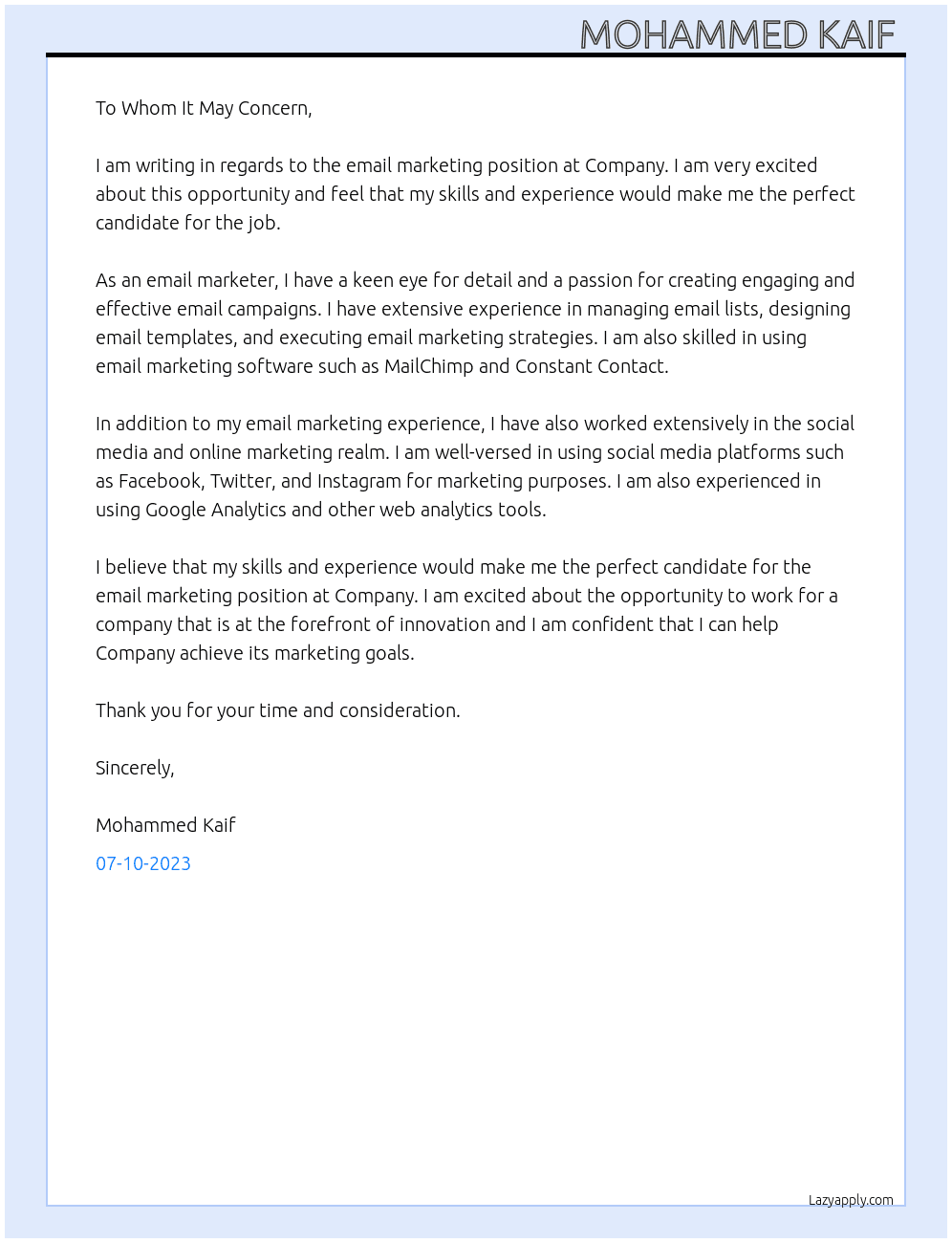 Email marketer  At Company  Cover Letter