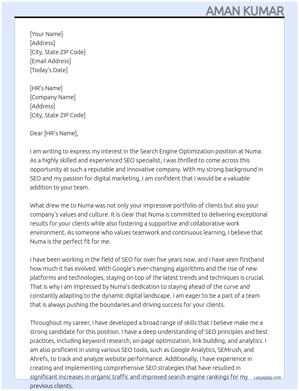 Search engine optimization  At Numa Cover Letter
