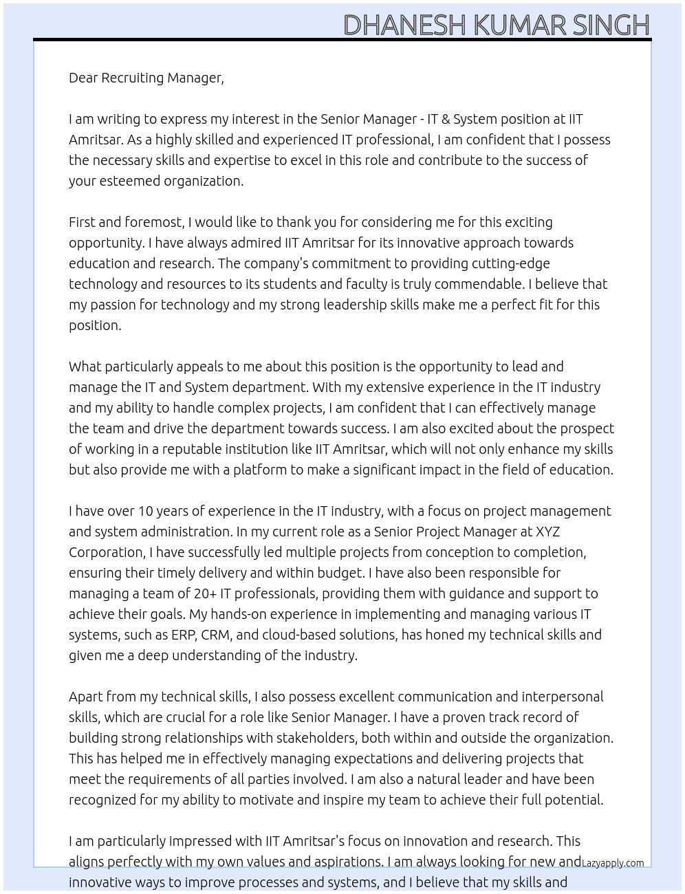 SENIOR MANAGER - IT & SYSTEM At IIT AMRITSAR Cover Letter