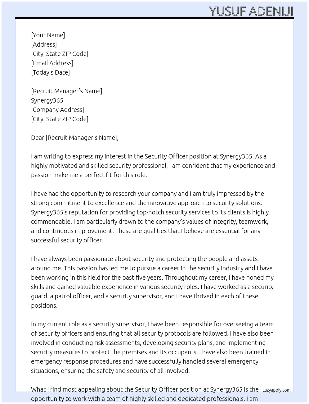 Security officer At Synergy365 Cover Letter