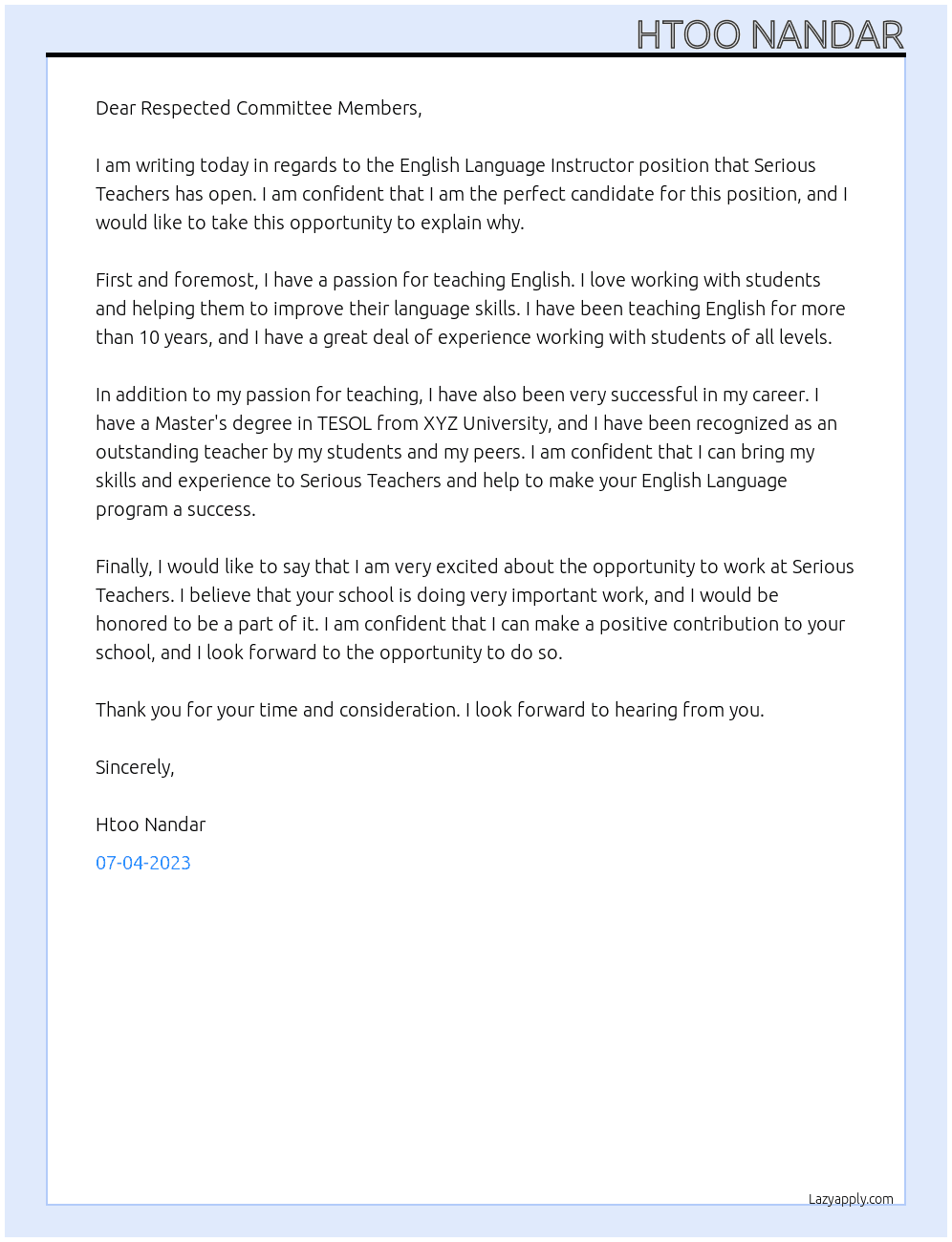 English Language Instructor At Serious Teachers Cover Letter