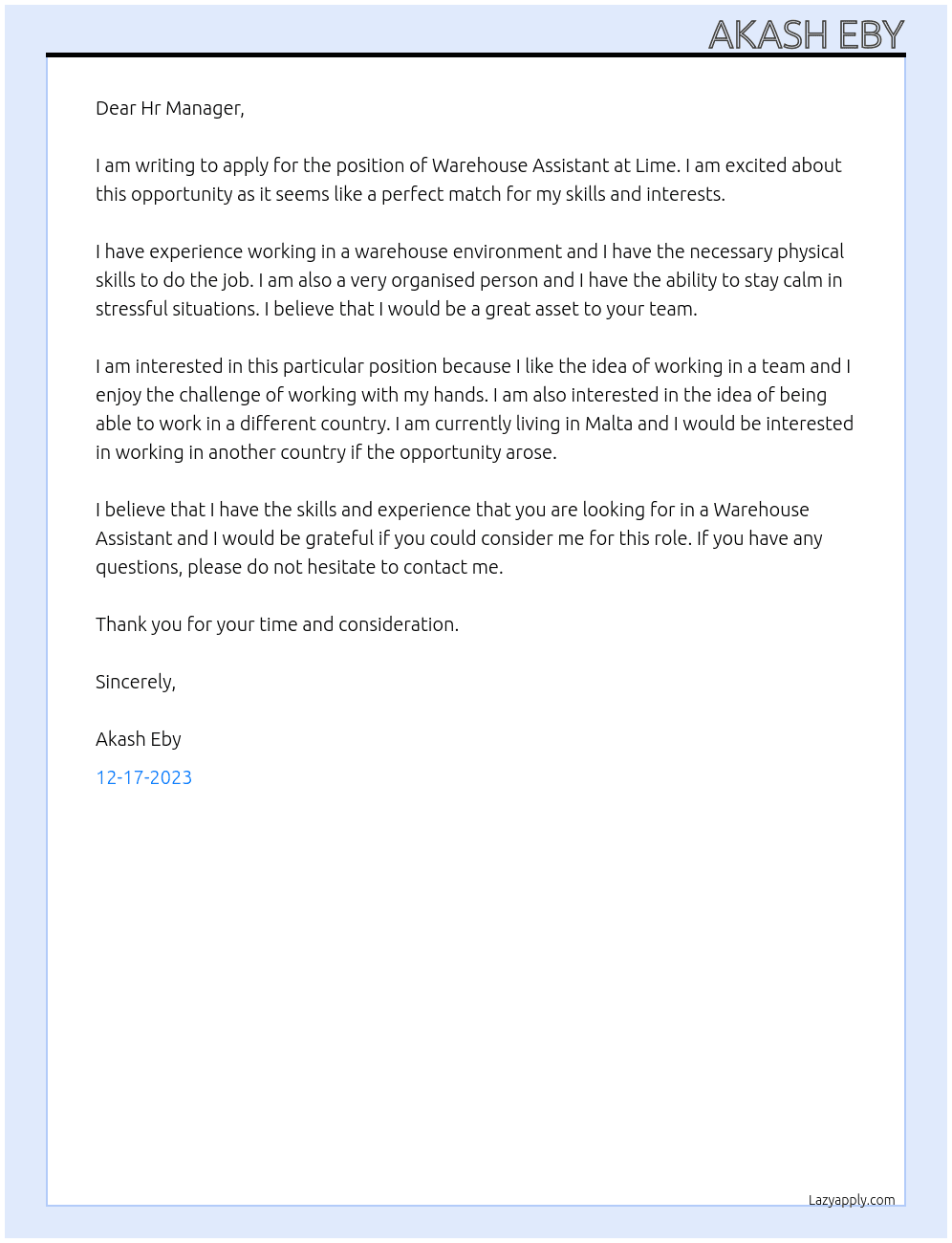 Warehouse Assistant  At Lime Cover Letter
