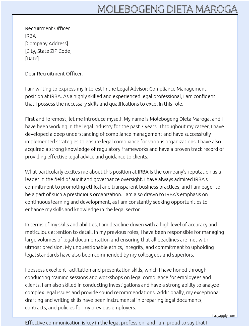 Legal Advisor: Compliance Management At IRBA Cover Letter