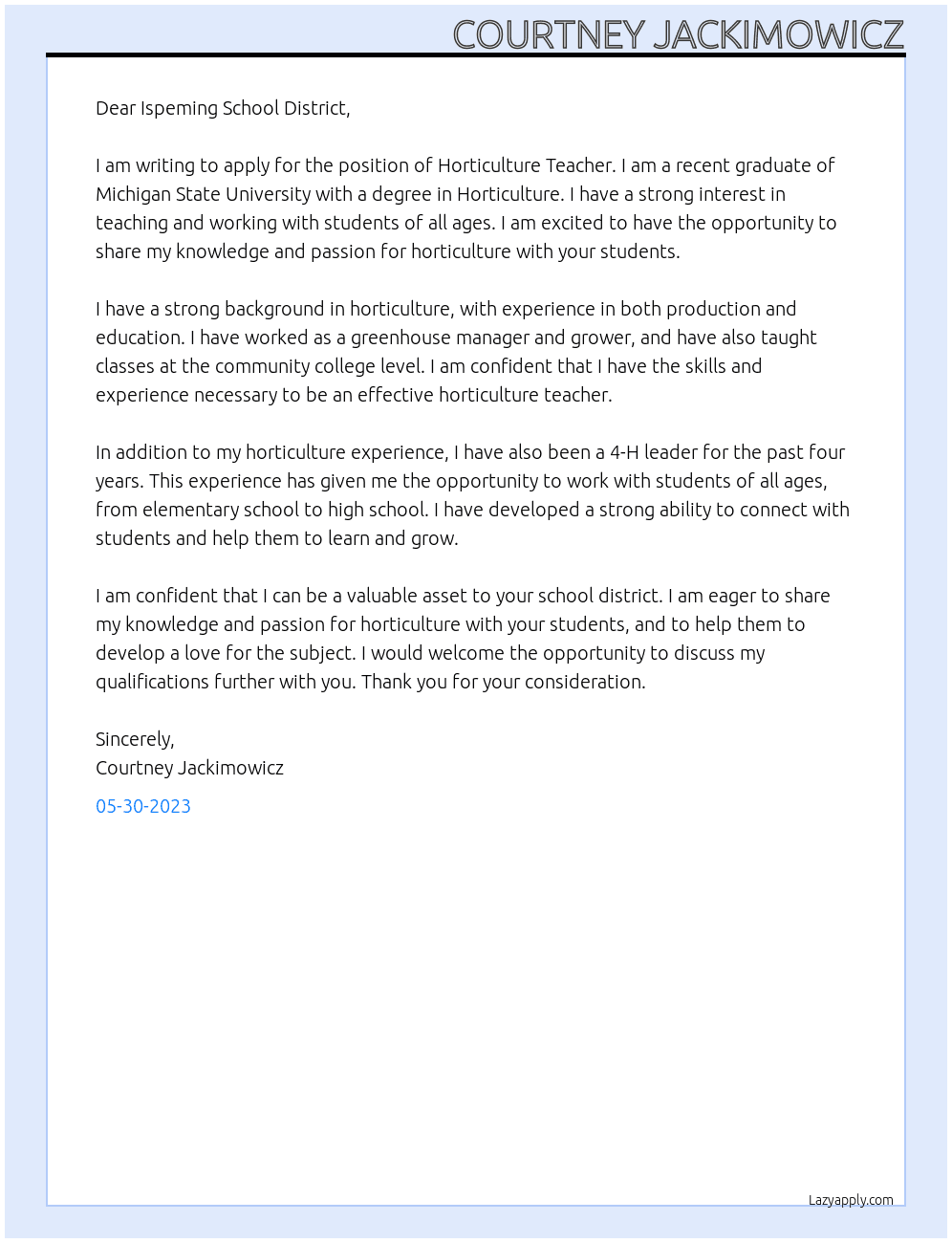Horticulture Teacher At Ishpeming school district Cover Letter