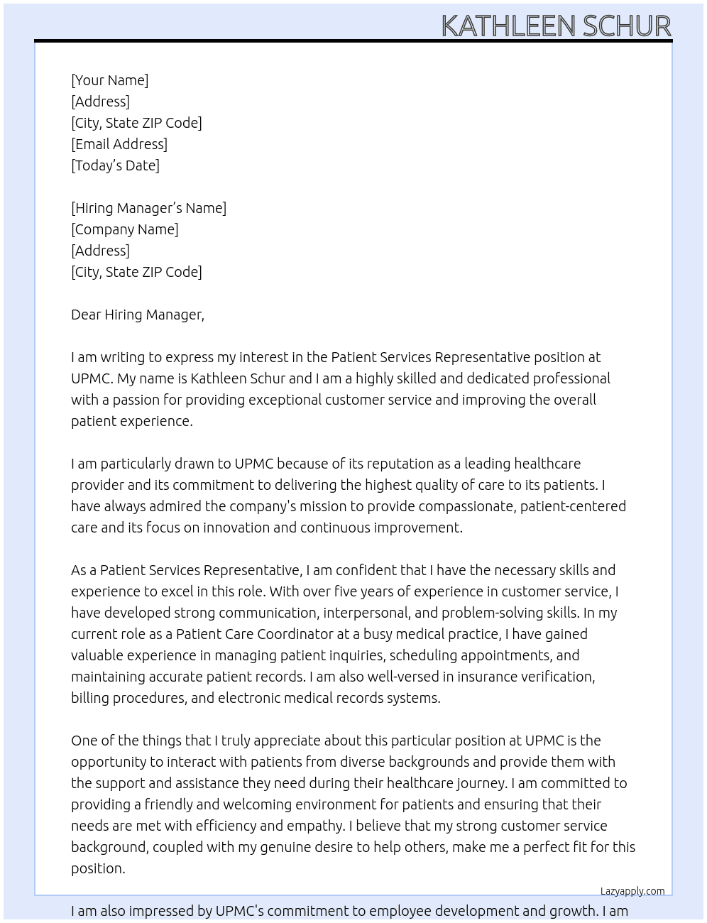 Patient Services Representative At UPMC Cover Letter