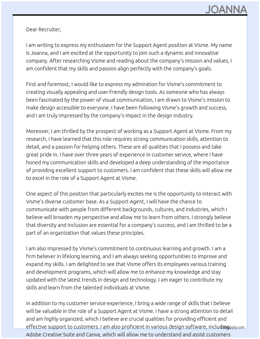 Support Agent At visme Cover Letter