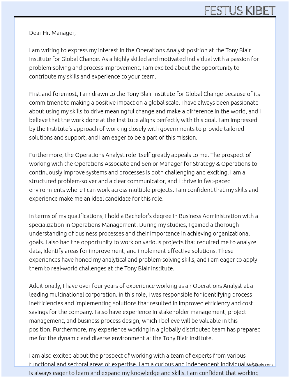 Analyst  At Tony  Blair Institute for Global Change · Cover Letter