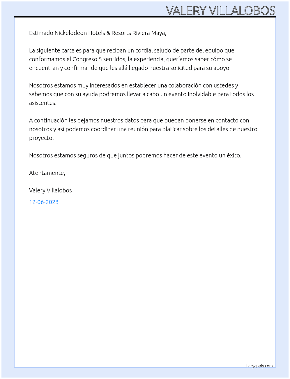 Carta de saludo At Nickelodeon Hotels & Resorts Riviera Maya Cover Letter