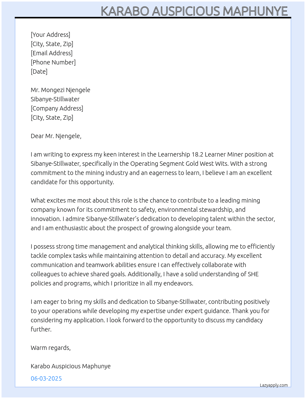 Learnership 18.2 Learner Miner At Sibanye-Stillwater  Cover Letter