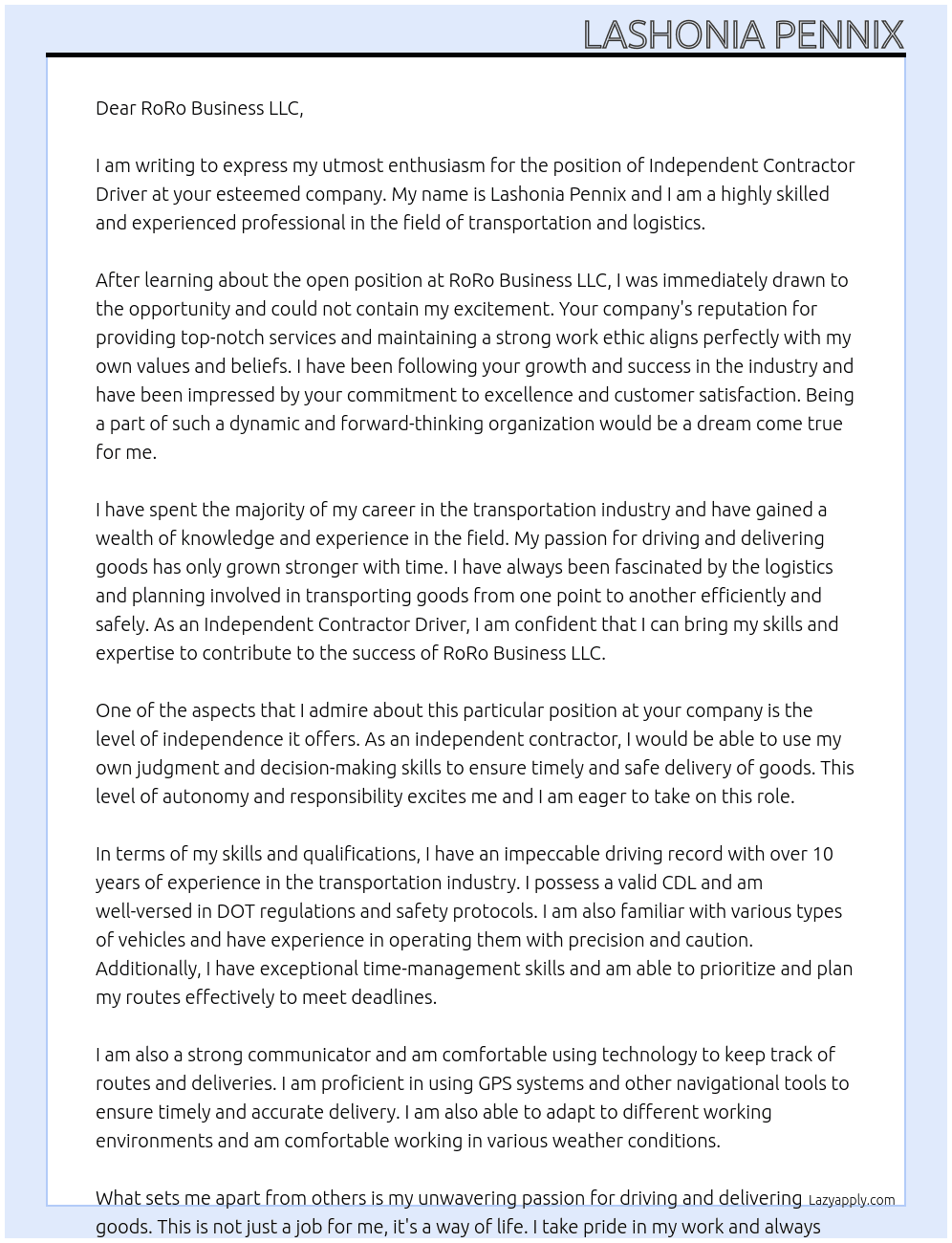 Independent contractor driver At Lashonia Pennix Cover Letter