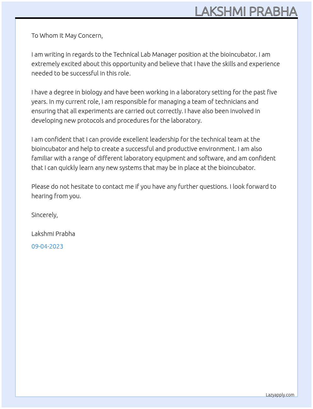 technical lab manager At bioincubator  Cover Letter