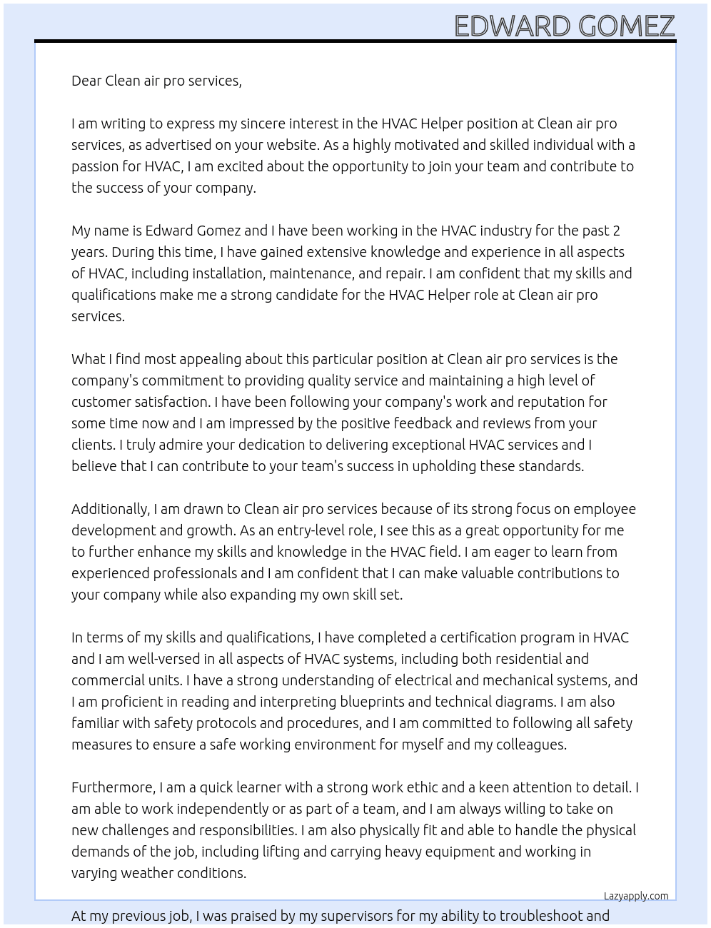 HVAC Helper At Clean air pro services Cover Letter