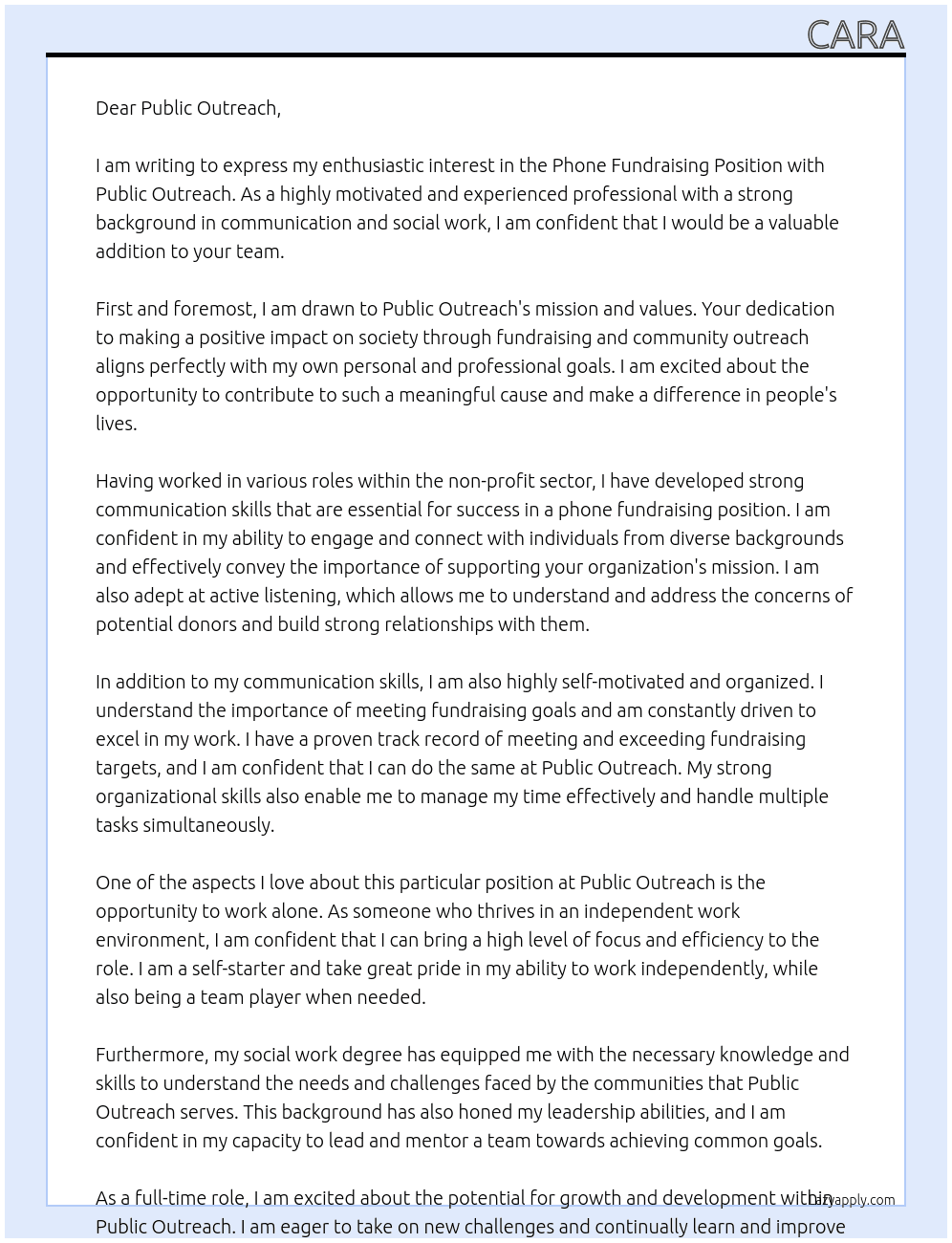 Phone Fundraising Position At Public Outeach Cover Letter