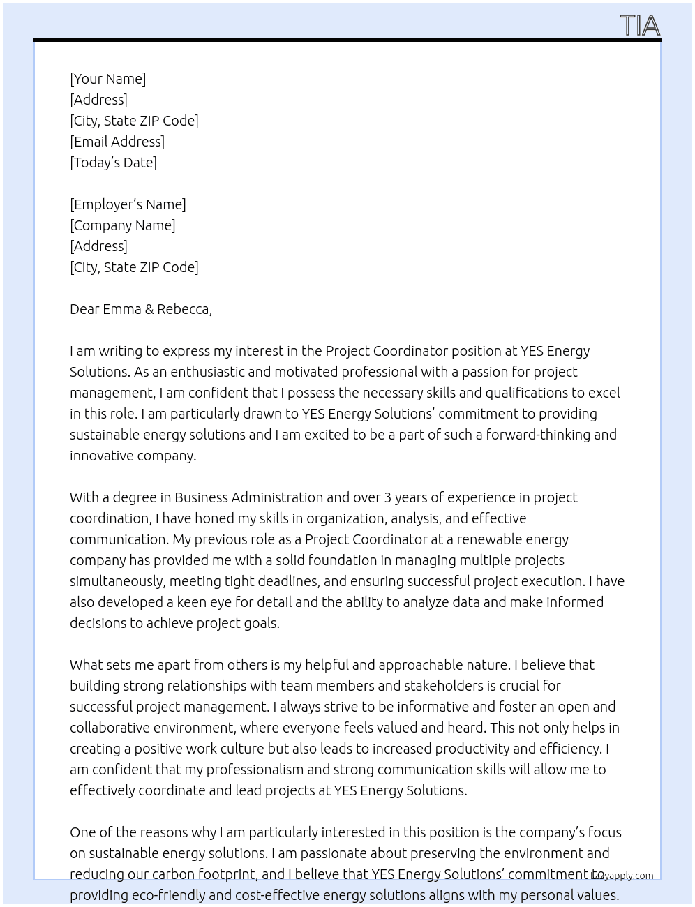 Project Coordinator  At YES Energy Solutions Cover Letter