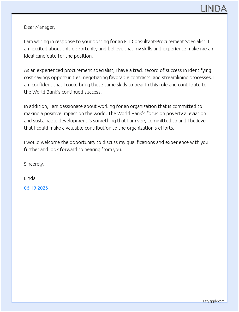 E T Consultant-Procurement Specialist At Wolrd Bank Cover Letter