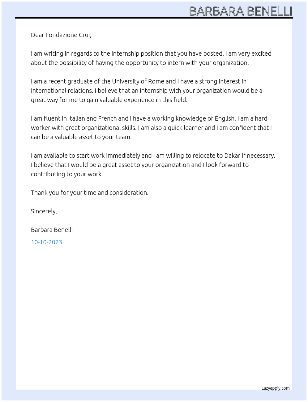 intern  At Italian Embassy in Senegal Cover Letter