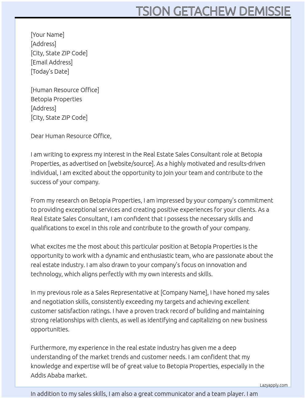 Real state sales consultant At betopia properties  Cover Letter