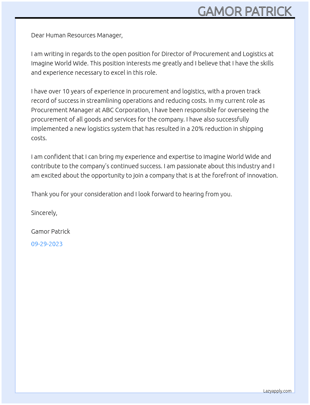 Director of Procurement and Logistics  At Imagine World Wide Cover Letter