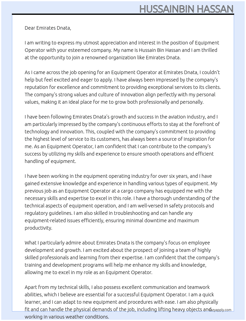 equipment operator At Emirates Dnata Cover Letter