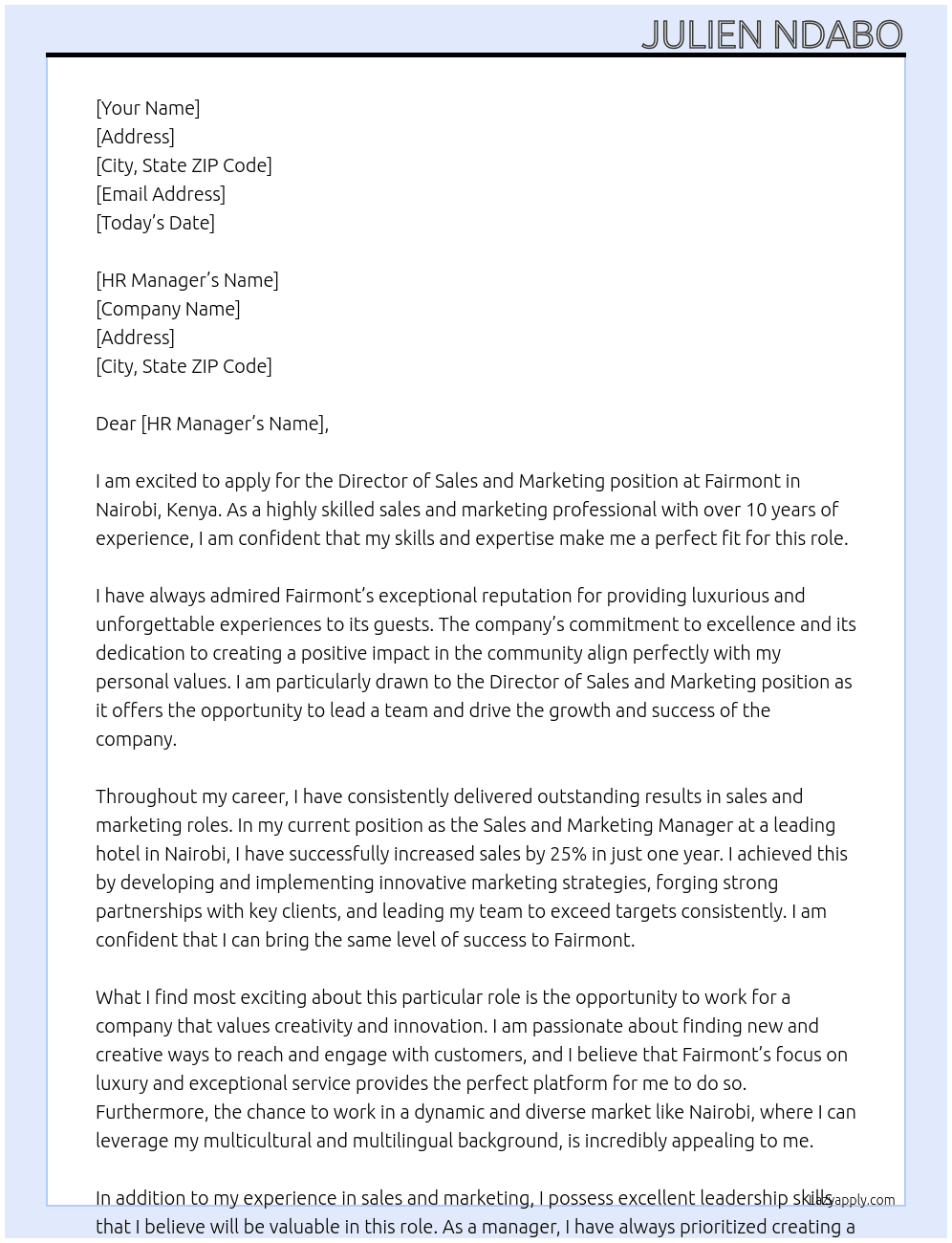 Director of sales and marketing At FAIRMAONT - Nairobi, Kenya Cover Letter