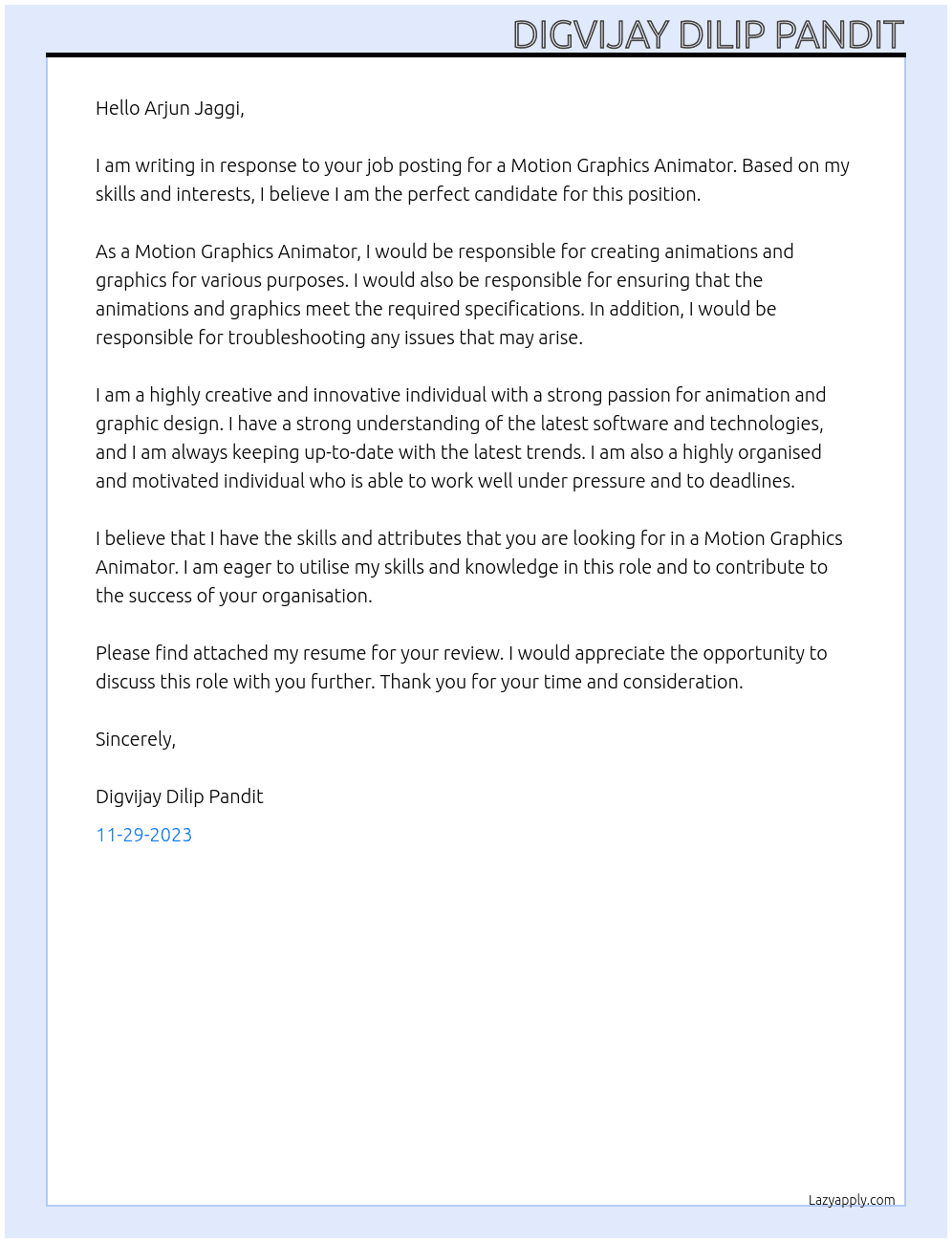 Motion Graphics Animator At Uplers Cover Letter