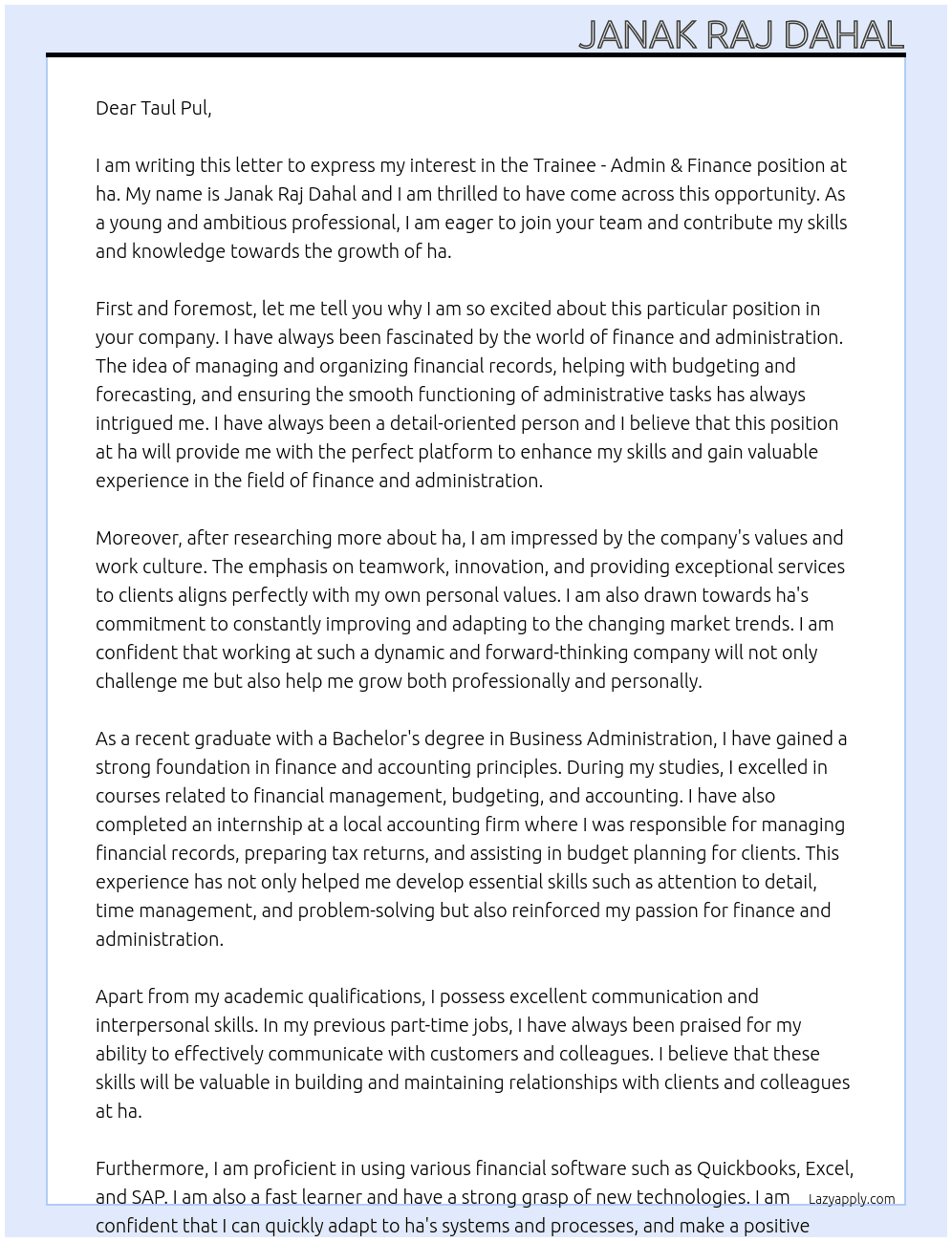 Trainee - Admin & Finance At ha Cover Letter