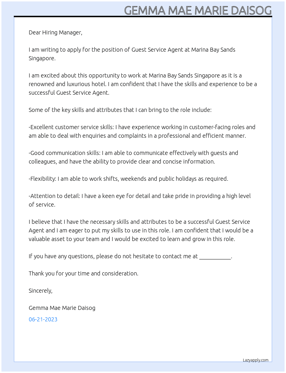 Guest Service Agent At Marina Bay Sands Singapore Cover Letter
