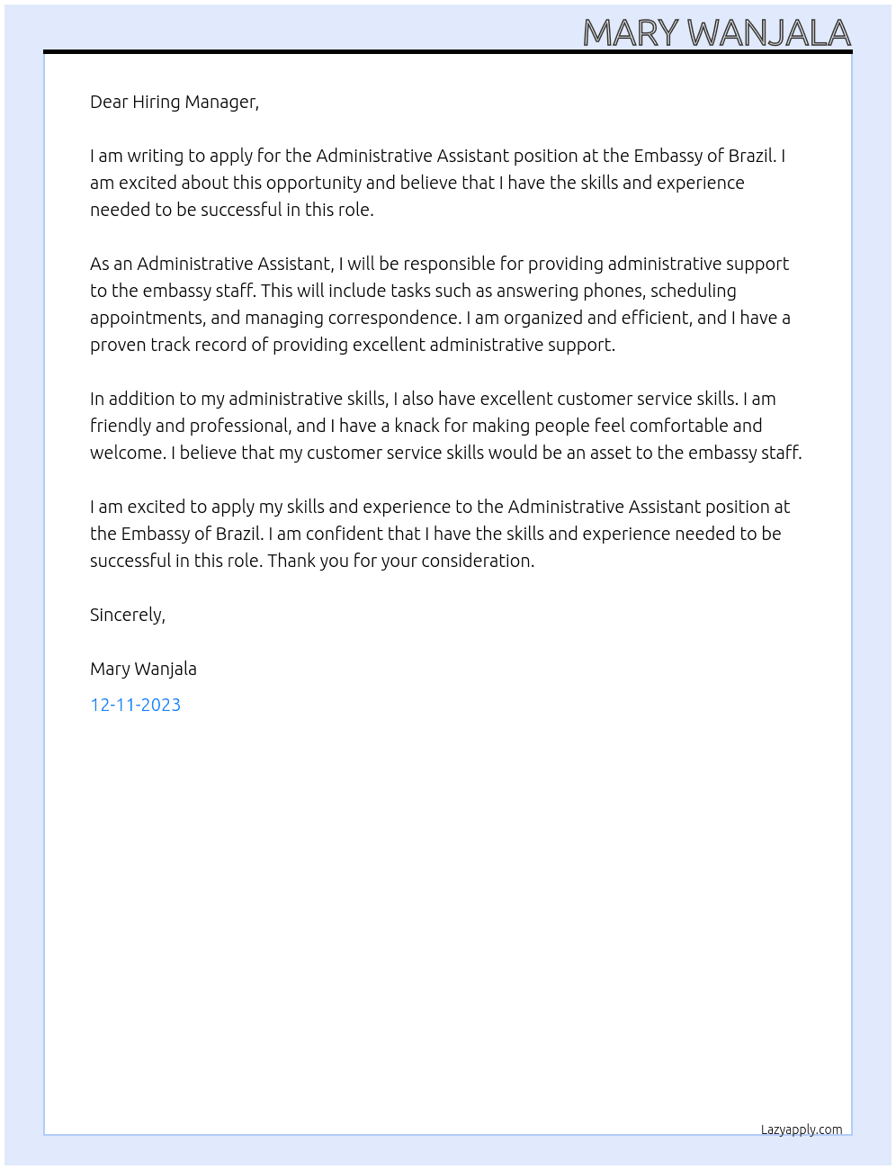 Administrative Assistant  At Embassy of Brazil  Cover Letter