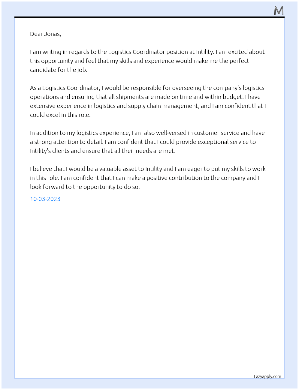 Logistics Coordinator At Intility Cover Letter