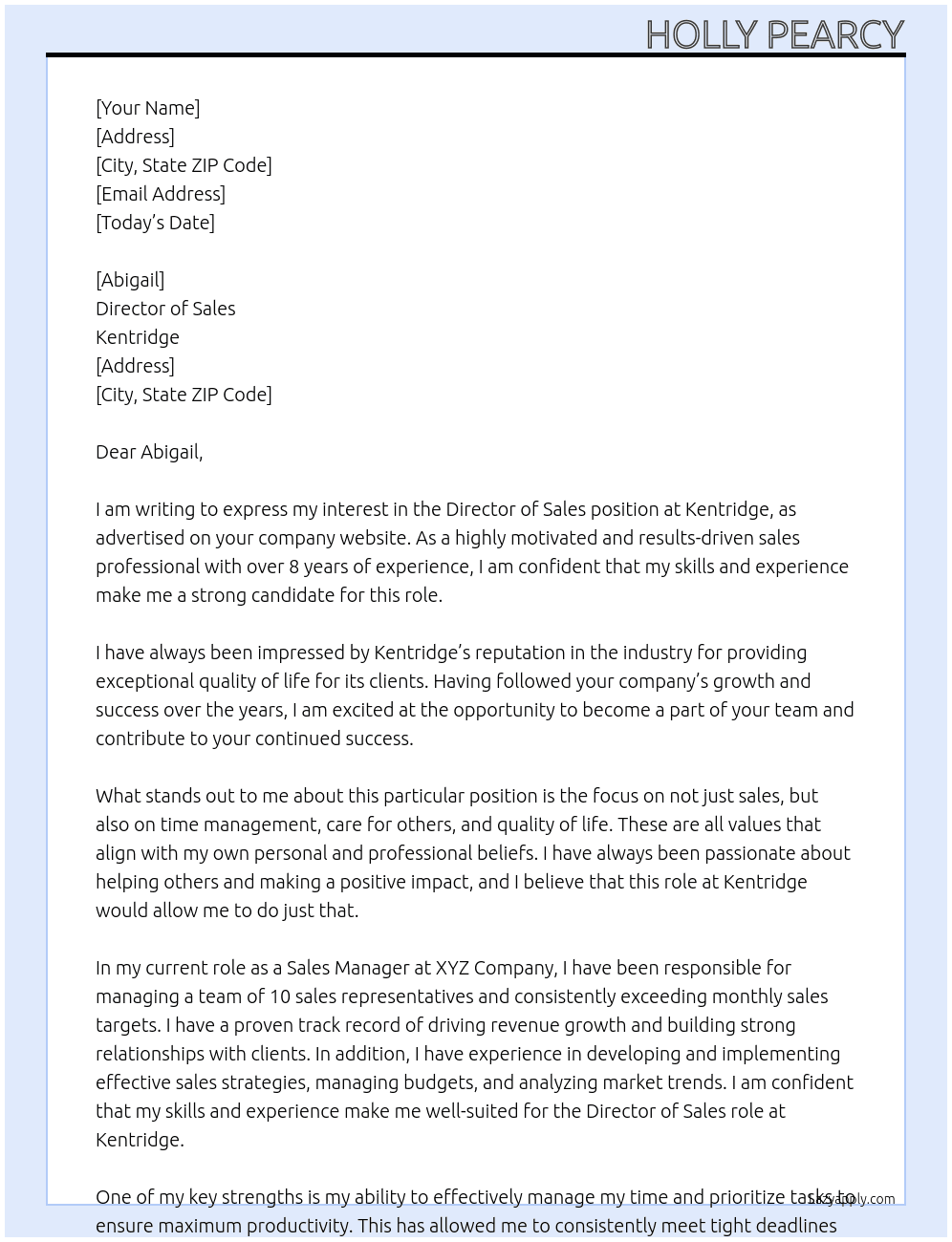 Director of Sales At Kentridge Cover Letter