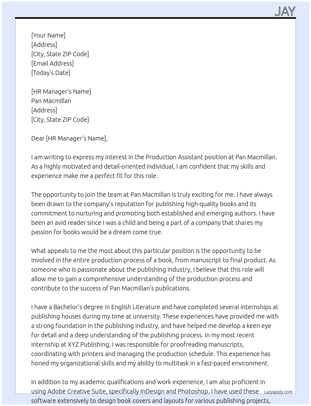 Production assistant At Pan Macmillan Cover Letter
