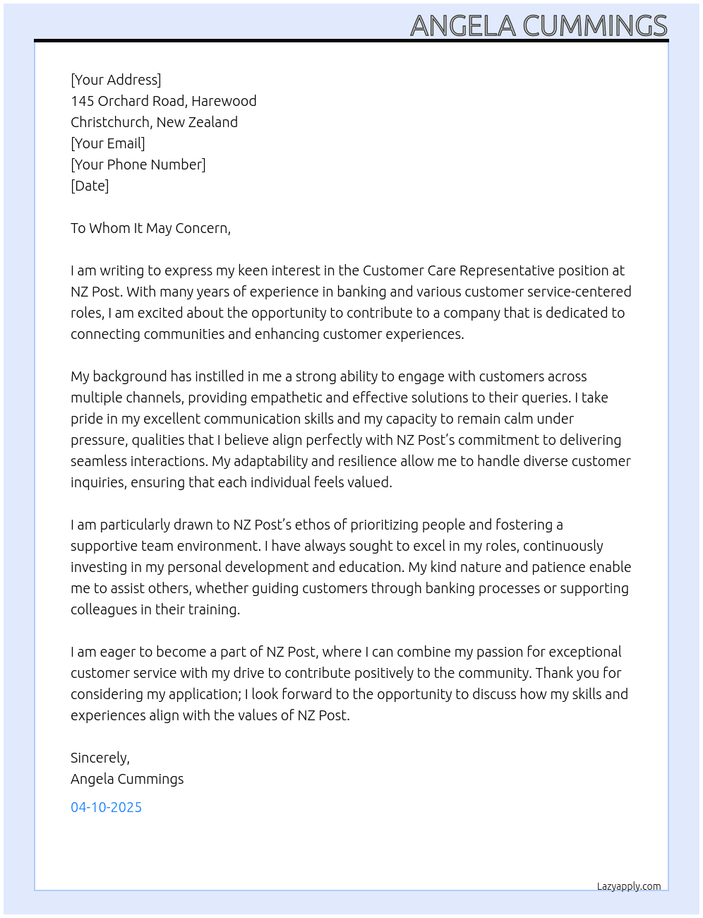Customer Care Representative At NZ Post Cover Letter