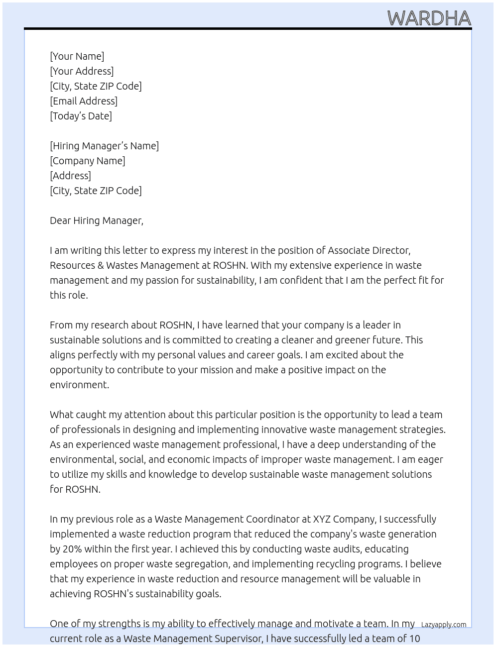 Associate Director, Resources & Wastes Management At ROSHN Cover Letter