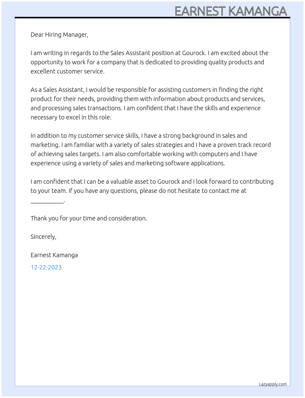 Sales assistant  At Gourock Cover Letter