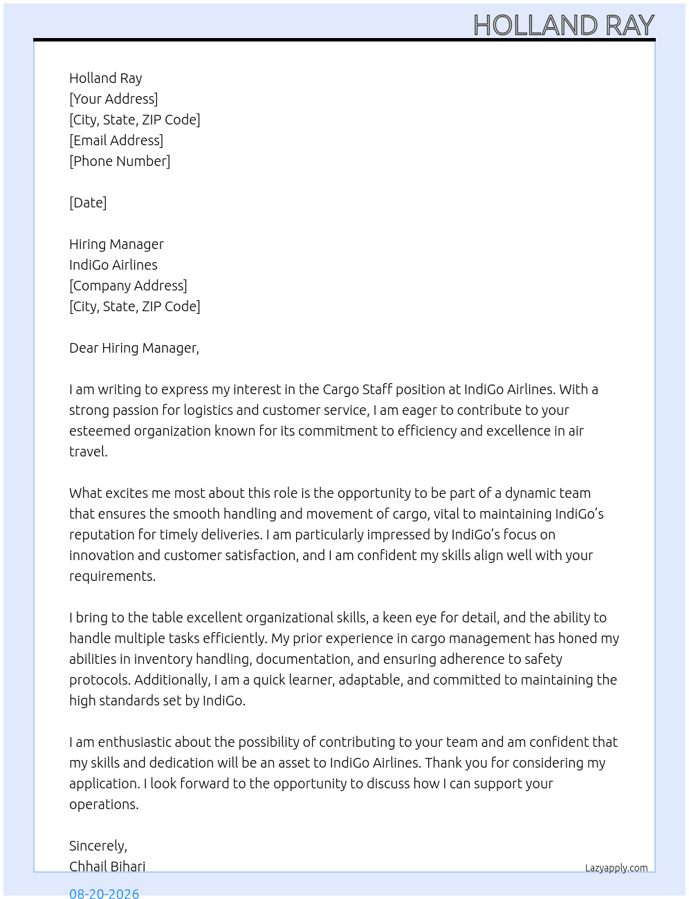 Cover letter for cargo staff - LazyApply