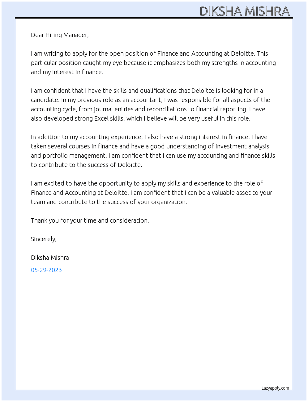 Finance and accounting  At Deloitte  Cover Letter